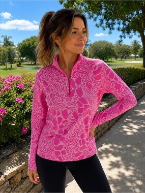 IBKUL Pink Animal Print UPF 50+ Quarter Zip Performance Top XL Golf Hiking Fresh